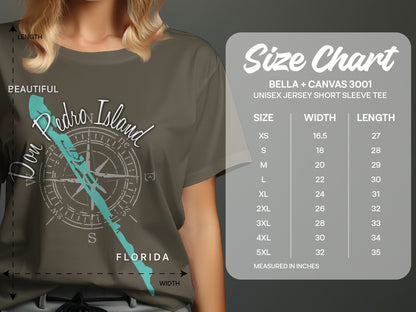 T-shirt size chart for BELLA + CANVAS 3001 unisex jersey short sleeve tee.