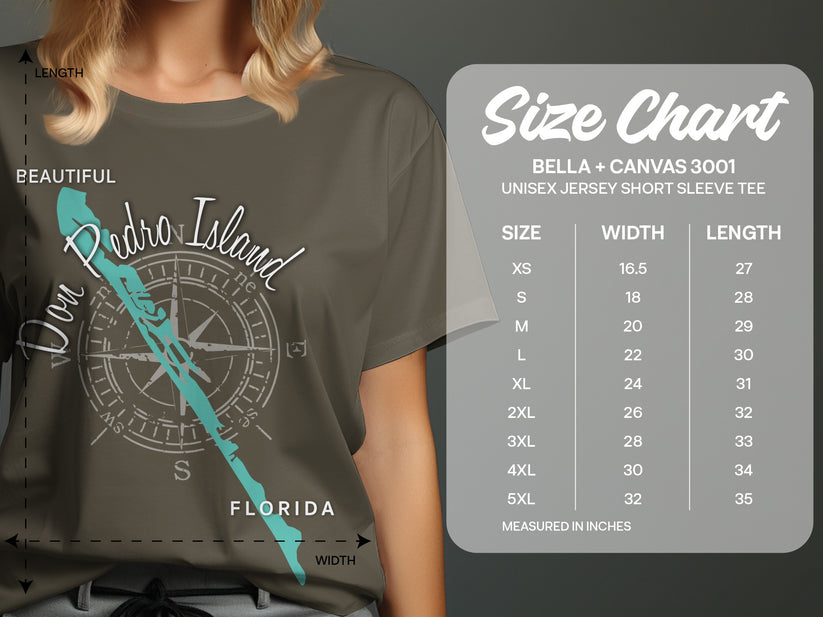 T-shirt size chart for BELLA + CANVAS 3001 unisex jersey short sleeve tee.