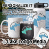 Personalizable mug, tumbler, and water bottle with lake map graphic.