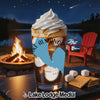 Drink with Lake Almanor map graphic, s'mores ingredients, campfire, and lake scene.