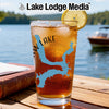 Glass of iced tea with lemon, featuring a blue map graphic and "Lake Lodge Media" text.