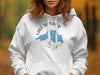 White hoodie with Lake Superior Minnesota map and compass design.