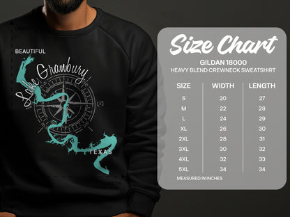 Crewneck sweatshirt with Granbury Lake map and size chart.