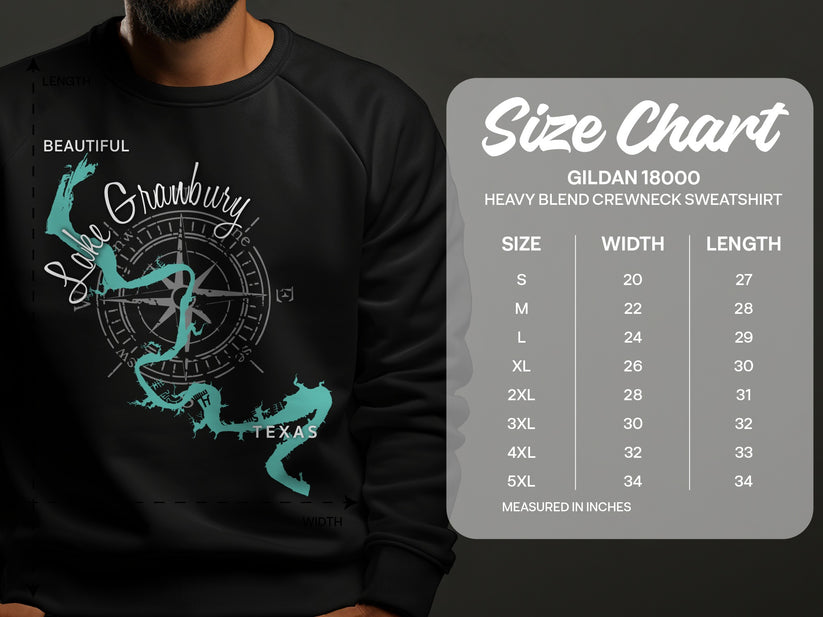 Crewneck sweatshirt with Granbury Lake map and size chart.