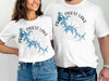 White t-shirts with blue "Percy Priest Lake" map and compass graphics.