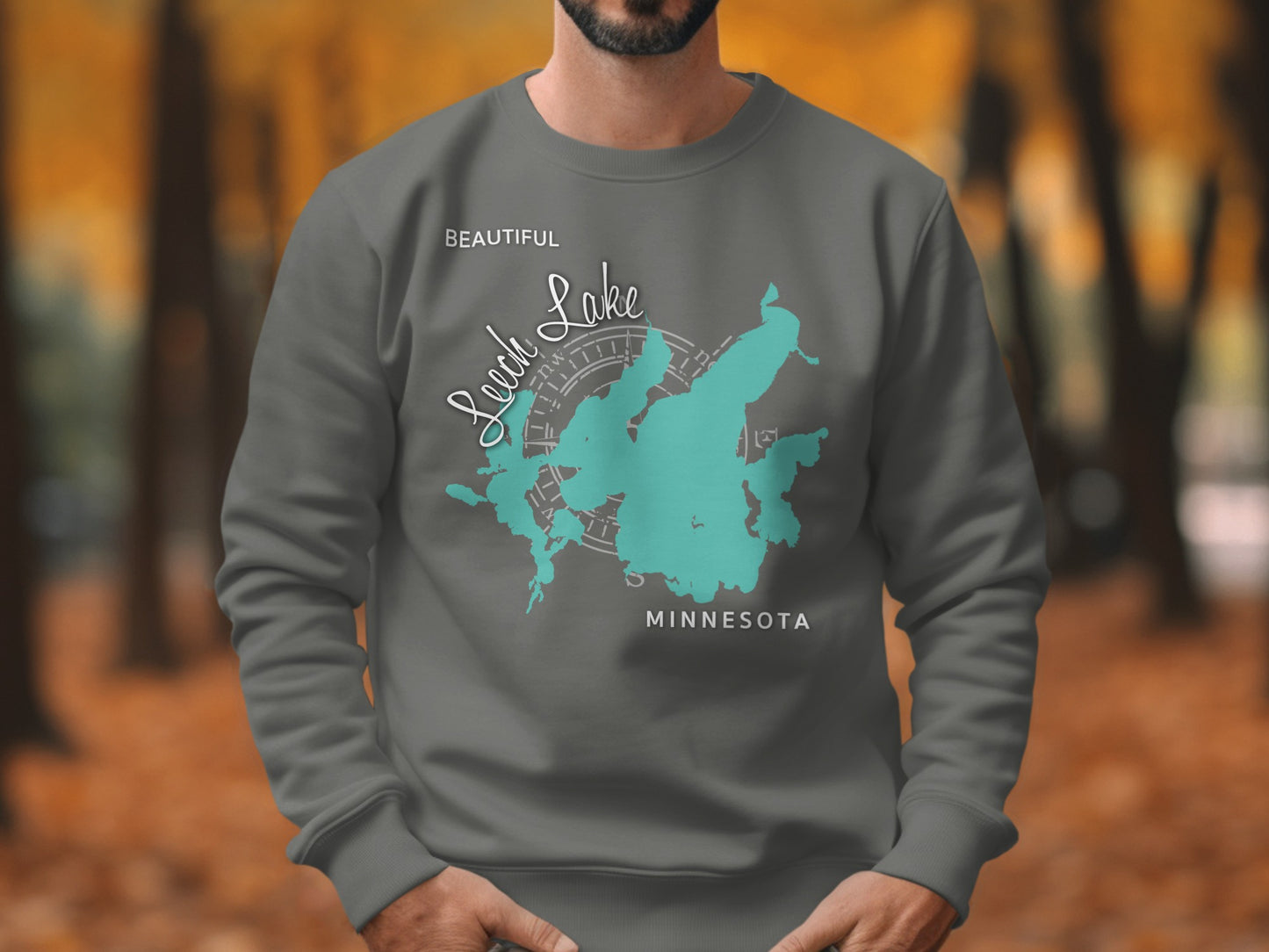 Grey sweatshirt with turquoise "Beautiful Loon Lake MINNESOTA" map design.