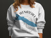 White sweatshirt with Lake Wenatchee map and compass design, Washington text.