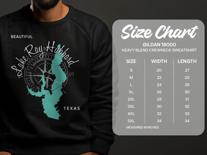 Crewneck sweatshirt with Lake Ray Hubbard graphic and size chart.