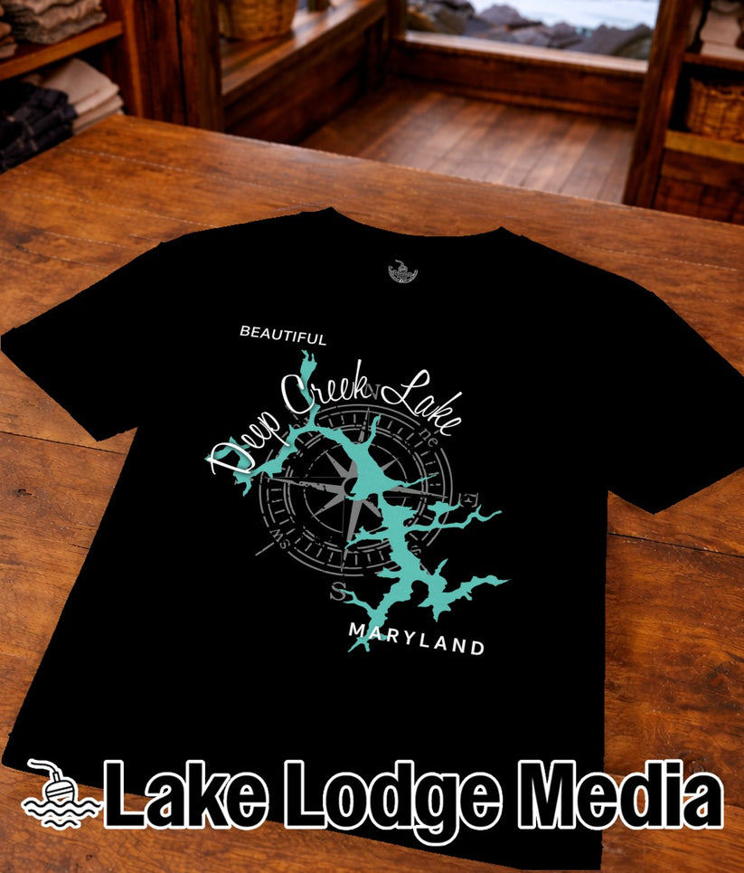 Black t-shirt with "Deep Creek Lake Maryland" and compass rose graphic.