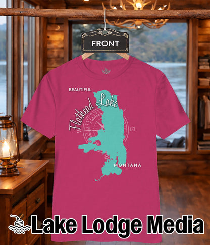 Pink t-shirt with Flathead Lake graphic and "Lake Lodge Media" text.
