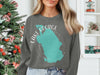 Dark gray sweatshirt with teal Lake George map graphic and Florida text.