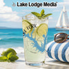 Glass with Lake Fork map and "Lake Lodge Media" logo on beach background.