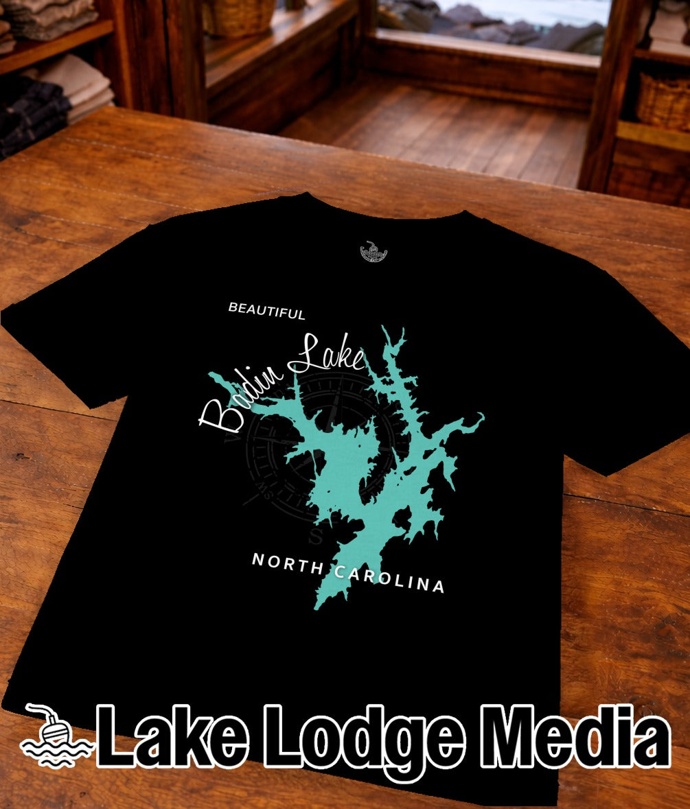 Black t-shirt with a turquoise lake map and "Lake Lodge Media" logo.