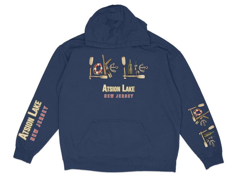 Navy hoodie with "Atsion Lake New Jersey" text and nautical graphic.