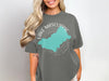 Gray t-shirt with turquoise Lake Mascuppic map and compass design.