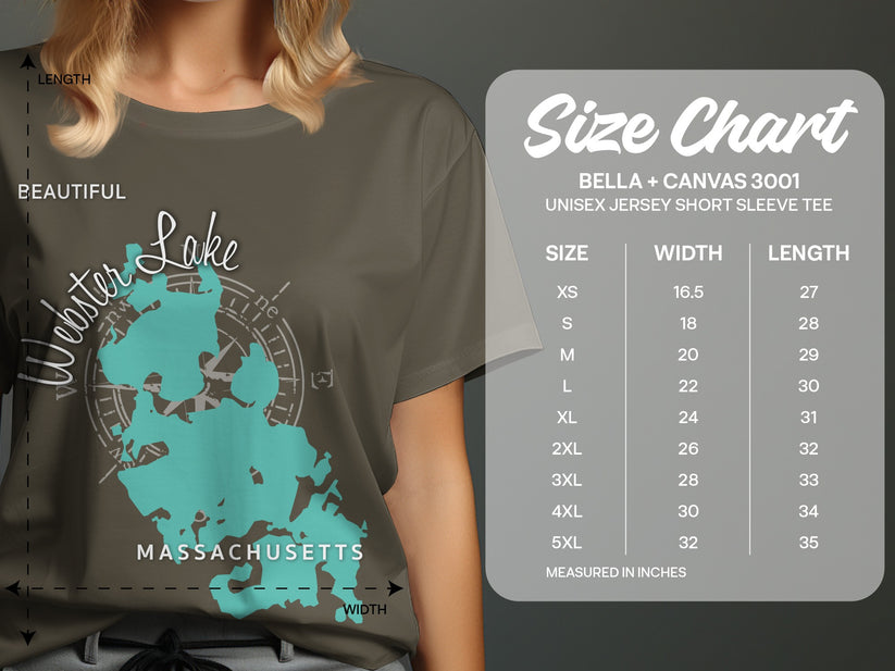 Bella + Canvas 3001 size chart for unisex short sleeve tee.