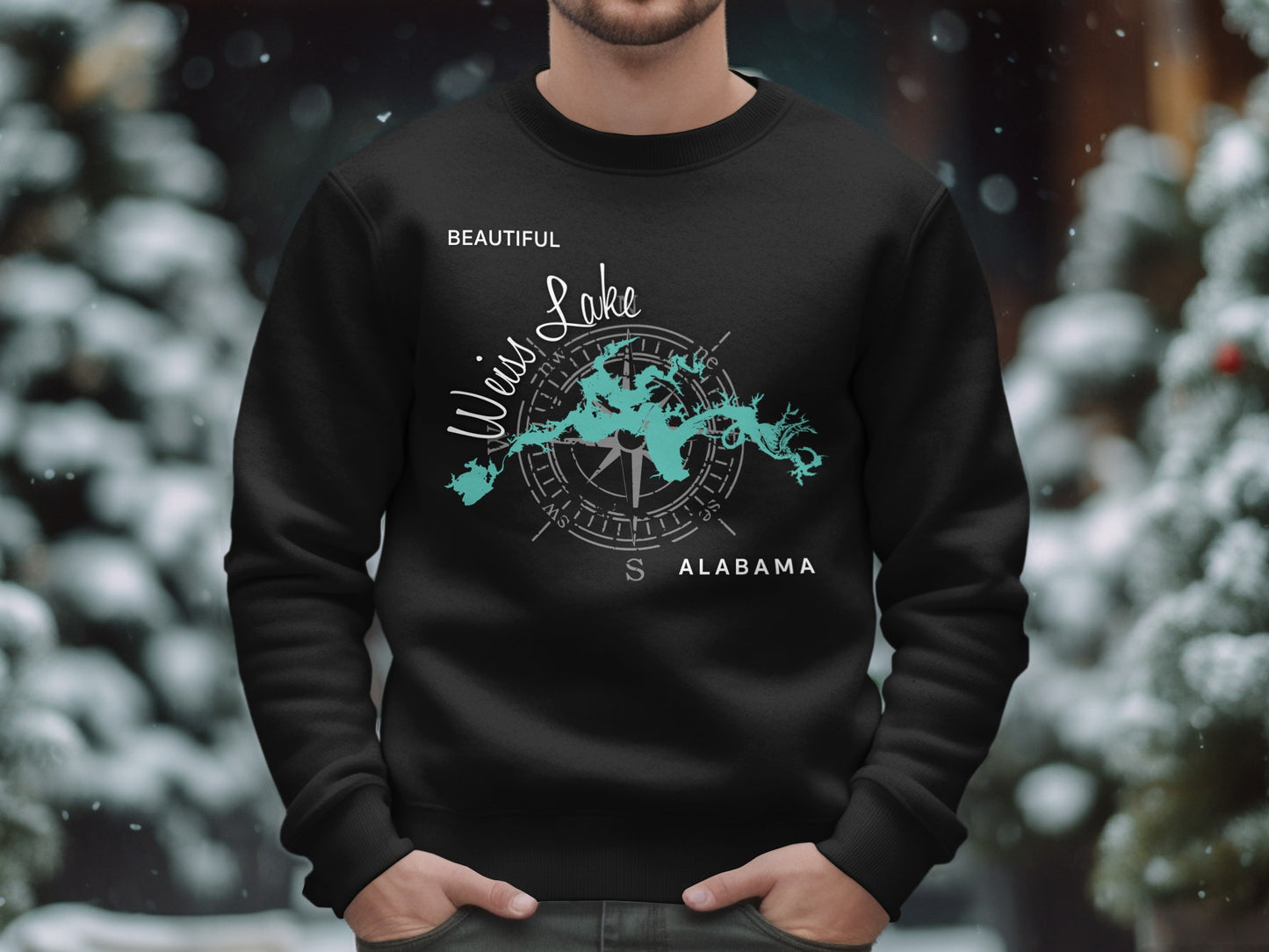 Black sweatshirt with turquoise map of Weiss Lake, Alabama and compass.