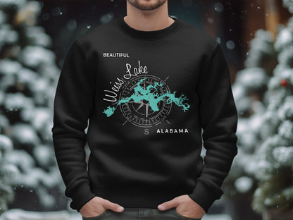 Black sweatshirt with turquoise map of Weiss Lake, Alabama and compass.