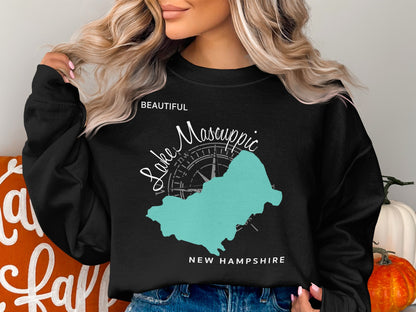 Black sweatshirt with teal map of Lake Winnipesaukee, New Hampshire.