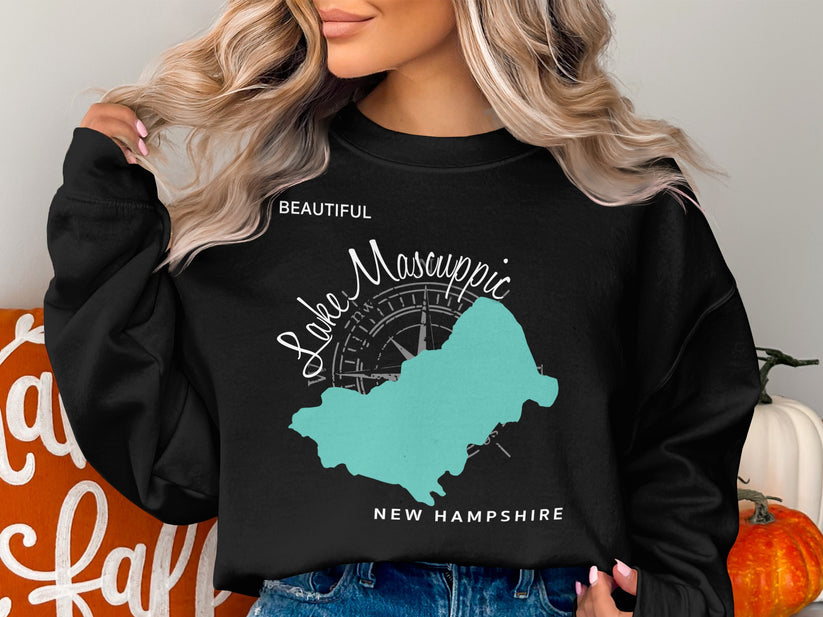 Black sweatshirt with teal map of Lake Winnipesaukee, New Hampshire.