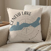 Pillow with blue Geneva Lake map and compass design, says "GENEVA LAKE WISCONSIN".