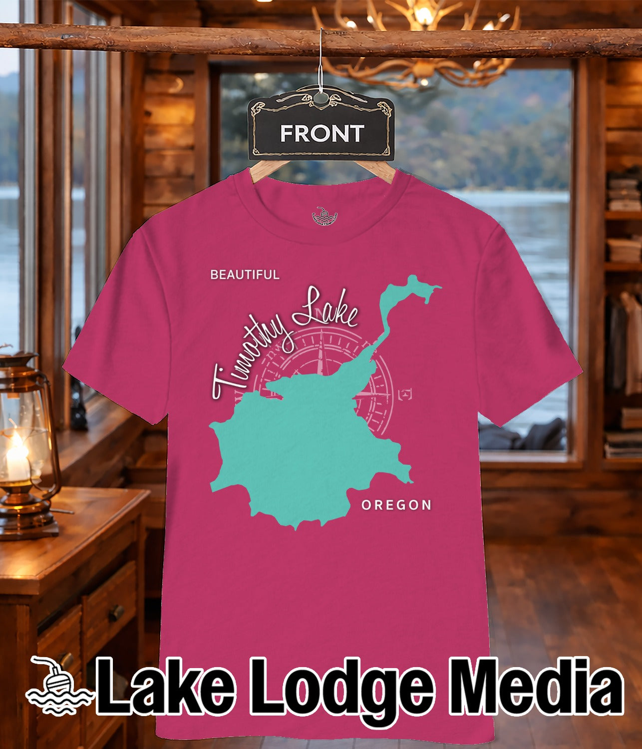 Pink t-shirt with "Timothy Lake" and compass rose design.