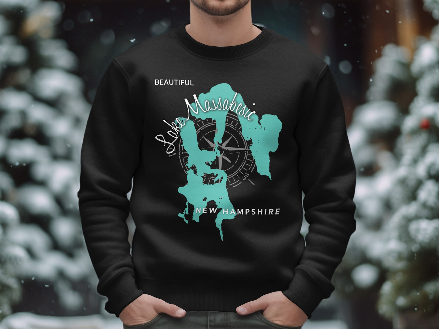 Black sweatshirt with Lake Massabesic, NH map and compass design.
