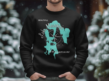 Black sweatshirt with Lake Massabesic, NH map and compass design.
