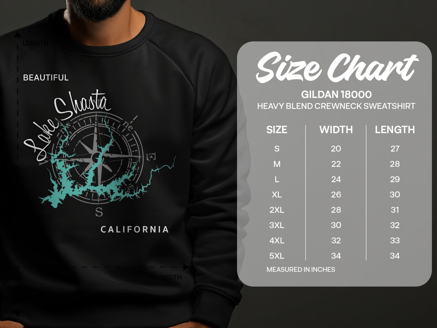 Crewneck sweatshirt with Lake Shasta graphic and Gildan size chart.