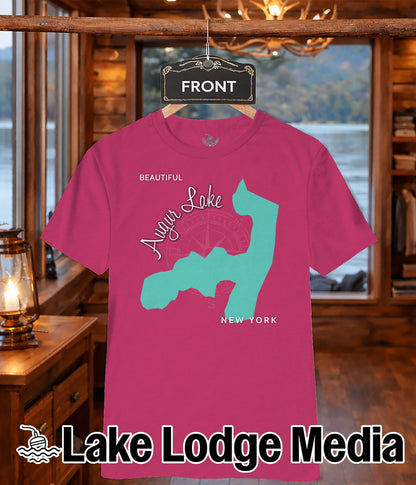 Pink t-shirt with turquoise outline map of Lake Cayuga and "Lake Lodge Media" logo.