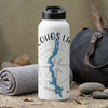White water bottle with Co hos lake map design and compass graphic.