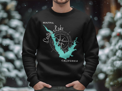 Black sweatshirt with teal "Coastal Lake California" text and compass rose.