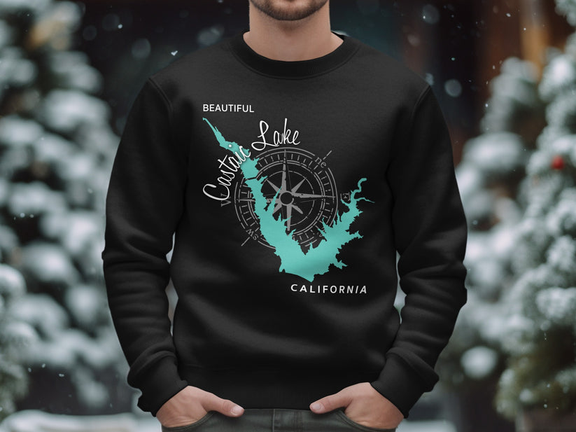 Black sweatshirt with teal "Coastal Lake California" text and compass rose.