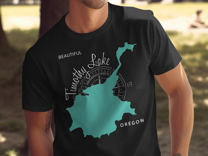 Black t-shirt with teal Timothy Lake Oregon map and compass graphic.