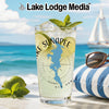 Glass with "Lake Sunapee" text and New Hampshire map on beach background.