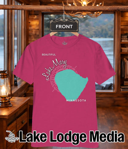 Pink t-shirt with "Lake Mary" and compass design, "MINNESOTA" text.