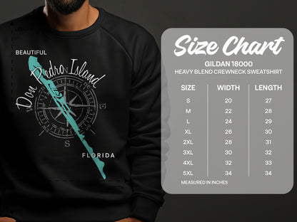 Gildan 18000 sweatshirt size chart with measurements in inches.