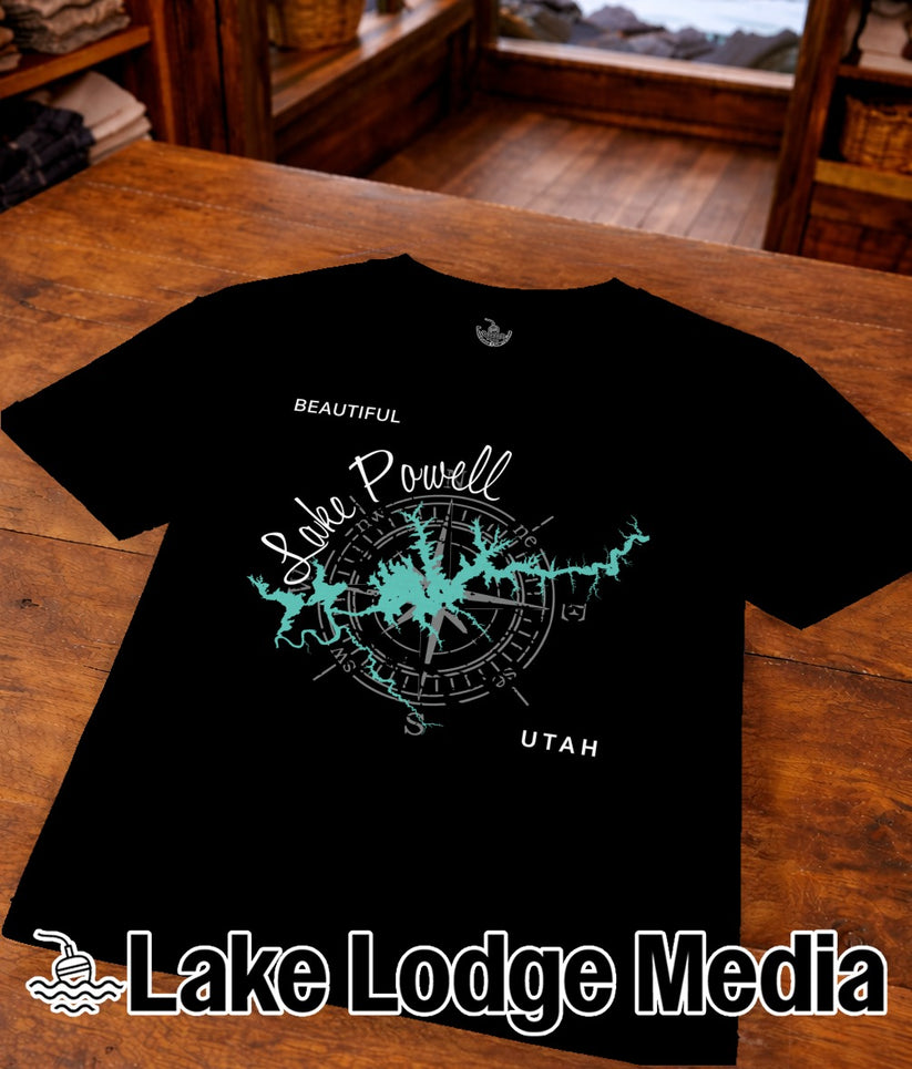 Black t-shirt with Lake Powell map and compass design, reads "Lake Lodge Media".