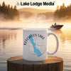 White mug with Keechelus Lake, Washington map and compass design.