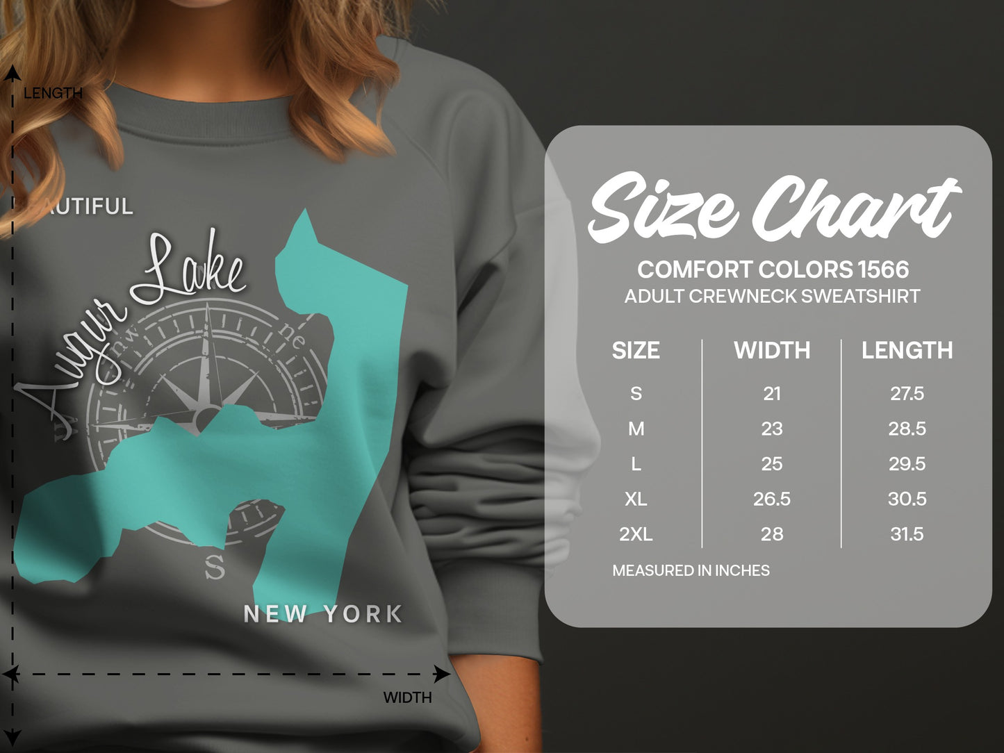 Comfort Colors 1566 size chart for adult crewneck sweatshirts.
