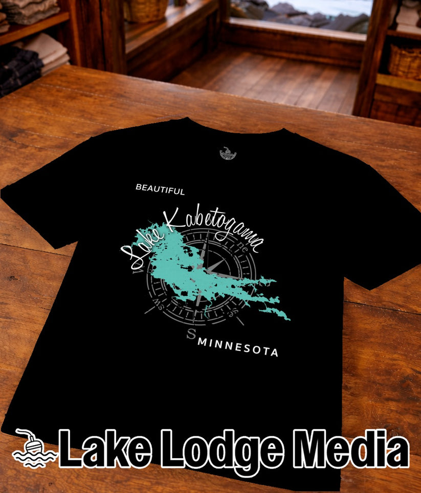 Black t-shirt with turquoise Lake Bemidji map and "Lake Lodge Media" logo.