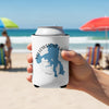 White koozie with Yellowstone Lake map and compass, held on a beach.
