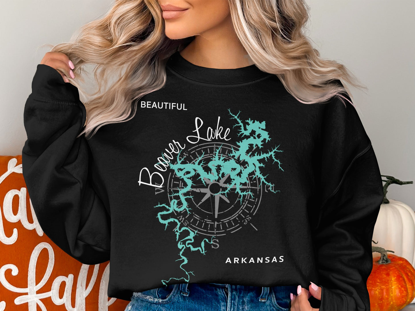Black sweatshirt with Beaver Lake map and compass rose design.