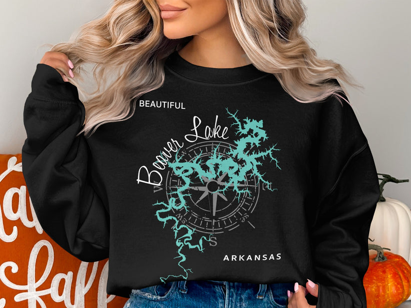 Black sweatshirt with Beaver Lake map and compass rose design.