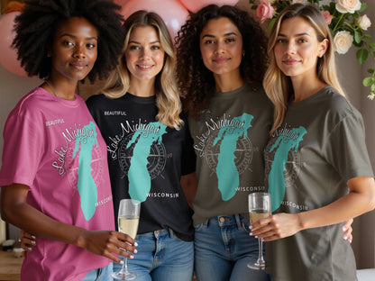 Four women wearing t-shirts with "Beautiful Michigan Lake Wisconsin" text and compass design.
