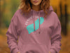 Pink hoodie with turquoise Convict Lake, California graphic and text.