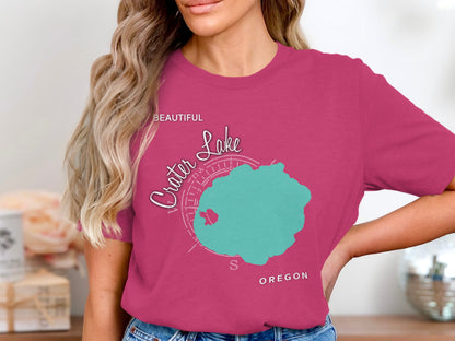 Crater Lake Oregon map graphic on a magenta t-shirt.