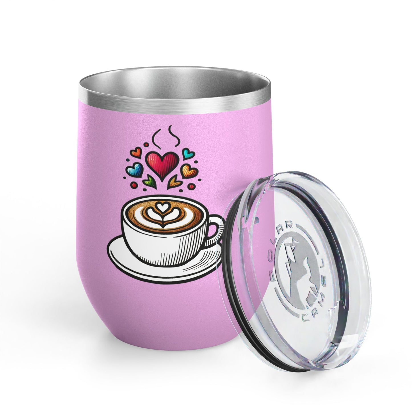 Charming Coffee Wine Tumbler with Lid for Coloring Book Lovers, Heart and Latte Design, Stainless Steel