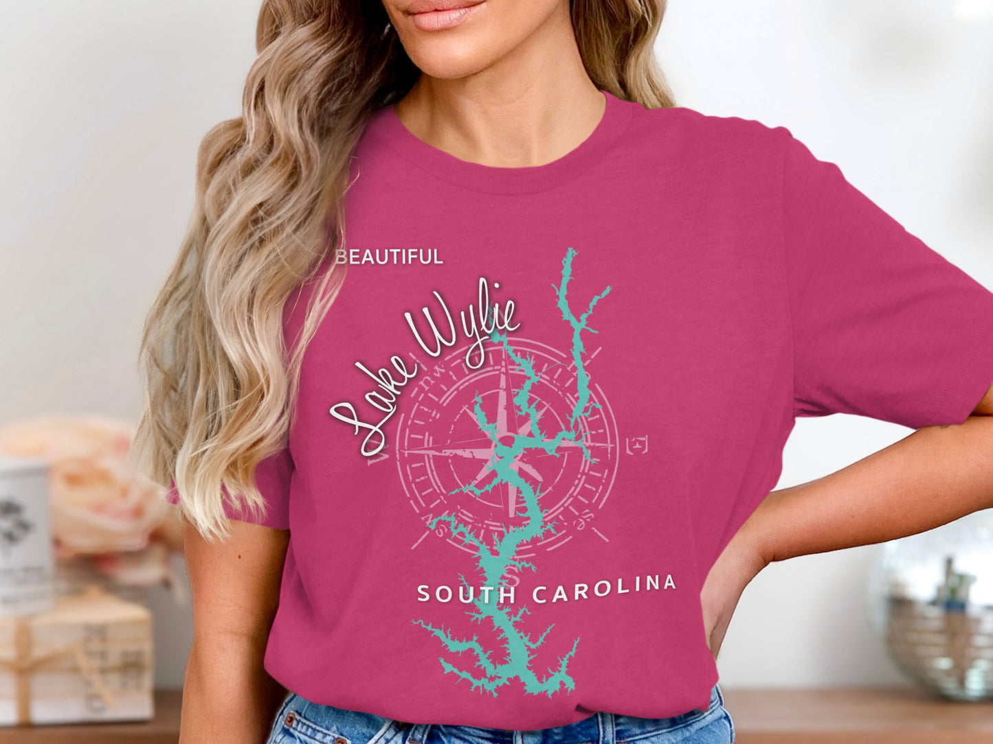 Pink t-shirt with Lake Wylie compass rose and "South Carolina" text.