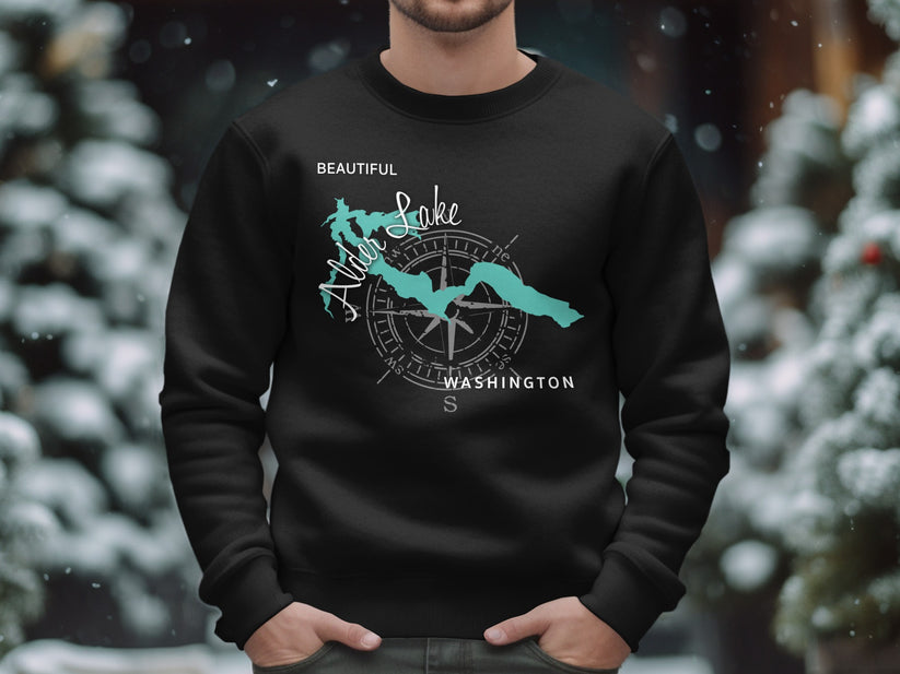 Black sweatshirt with a compass design and map of Lake Chelan, Washington.